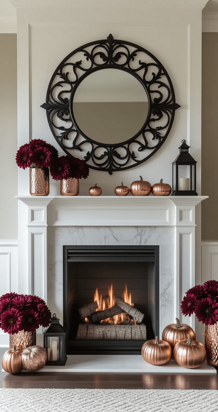 Fall Mantel Decor: Transform Your Space with Autumn Charm Intimate dusk setting of a cozy 15x15ft room featuring a modern white painted mantel with a black metal mirror, flanked by matte black lanterns, mercury glass vases with burgundy dahlias, and metallic pumpkins. Textural elements include velvet ribbons and carved wooden beads, with a color palette of charcoal, burgundy, copper, and cream. The low angle shot highlights architectural lines and a moody ambiance enhanced by soft uplighting and dramatic shadows.