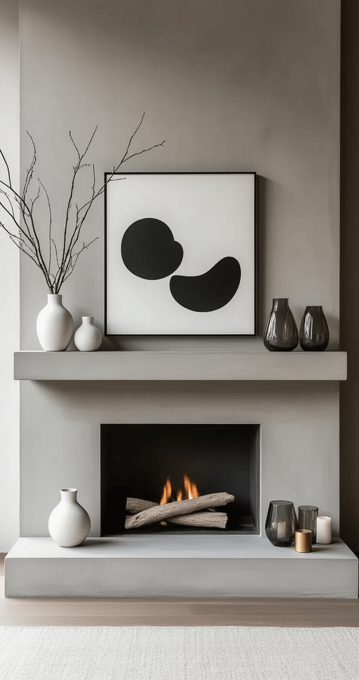 Fall Mantel Decor: Transform Your Space with Autumn Charm Modern minimalist concrete fireplace in an urban loft, featuring a pale gray floating mantel with abstract black and white art above, adorned with white ceramic vessels, smoky glass hurricanes, and dried branches; complemented by geometric metal objects, river stones, and sleek candleholders, all illuminated by bright indirect light that emphasizes clean lines and negative space.