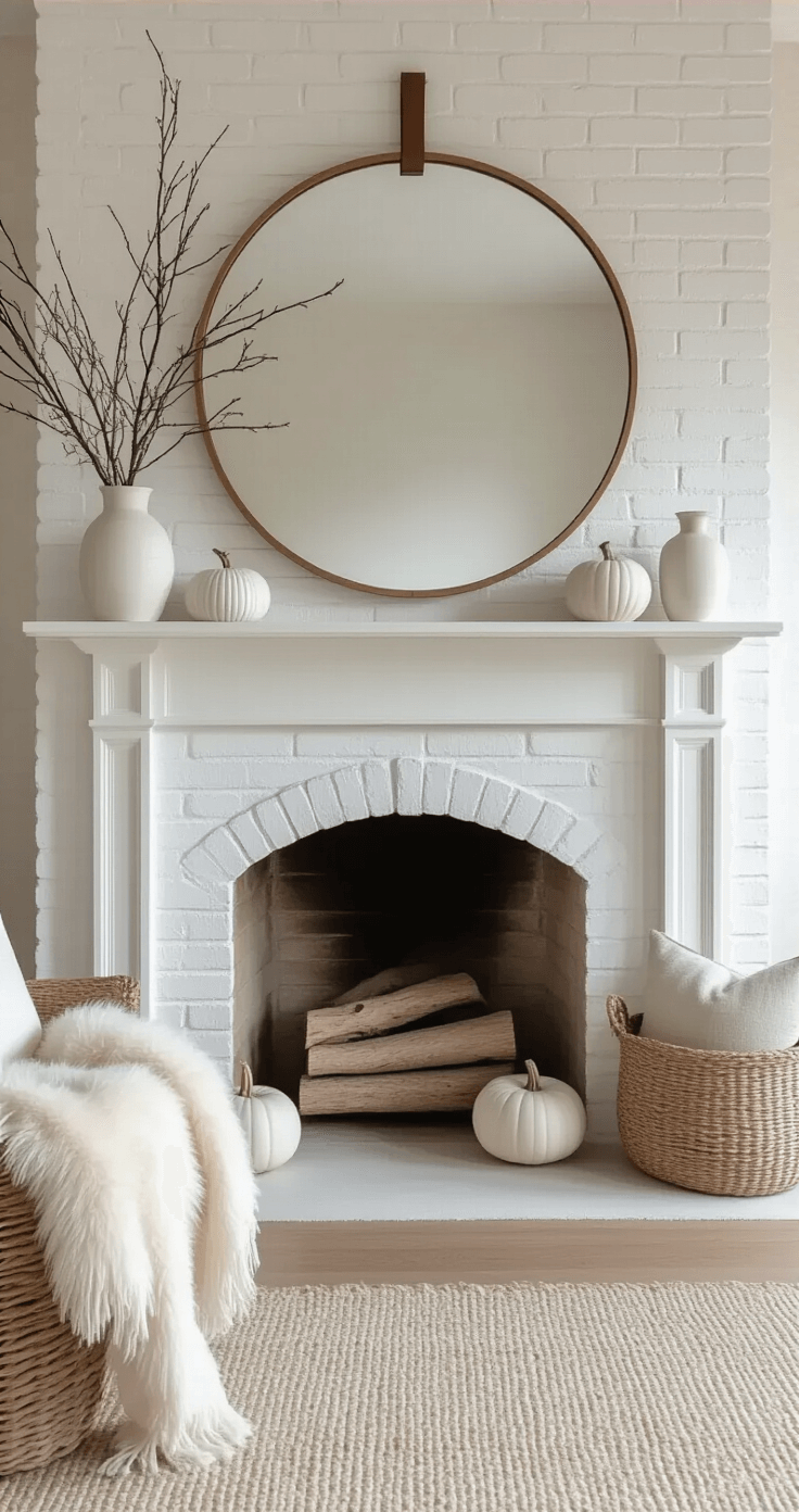 Fall Mantel Decor: Transform Your Space with Autumn Charm A Scandinavian-inspired painted brick fireplace in an airy open-concept space, featuring a whitewashed mantel with an oversized round mirror and leather strap detail, decorated with bleached pine branches, white ceramic vessels, and pale natural pumpkins, complemented by sheepskin throws, woven baskets, and raw linen pillows, all bathed in early morning light with a warm palette of white, beige, gray, and terracotta.