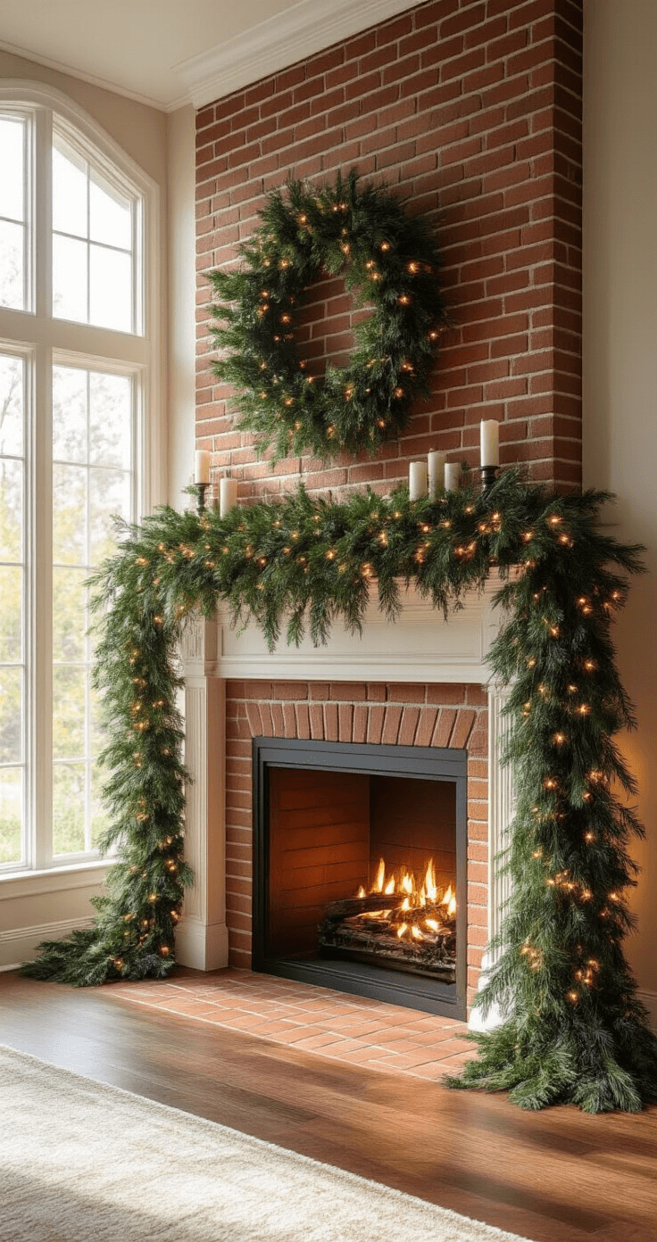 Transforming Your Fireplace into a Christmas Wonderland: The Ultimate Decor Guide A spacious living room featuring a classic brick fireplace adorned with a lush garland of pine, cedar, and eucalyptus, illuminated by warm afternoon light filtering through tall windows, with rich emerald greens against deep brick reds.