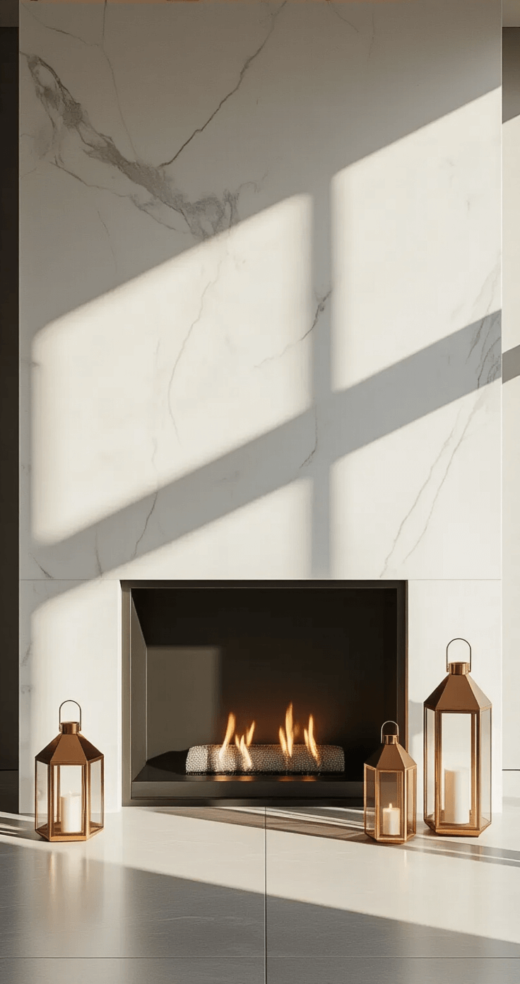 Transforming Your Fireplace into a Christmas Wonderland: The Ultimate Decor Guide A modern penthouse features a minimalist fireplace with a floor-to-ceiling white marble surround, illuminated by early morning light casting dramatic shadows. Sparse metallic decorations in gold and silver geometric shapes are arranged precisely, alongside three varying-height copper lanterns grouped slightly off-center. The scene captures cool morning blues blending into warm metallic tones.