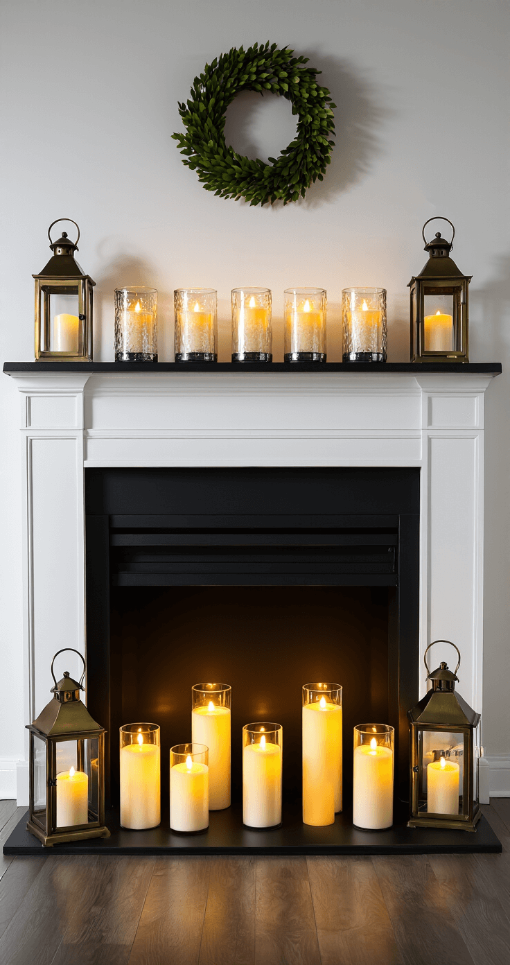 Transforming Your Fireplace into a Christmas Wonderland: The Ultimate Decor Guide A dramatic nighttime hearth scene featuring 12 LED candles in crystal holders casting an ethereal glow, with a matte black fireplace surround and antiqued brass lanterns adding architectural interest, captured in ultra-wide angle to show the full room context, enhanced by strategic backlighting and rich shadows.