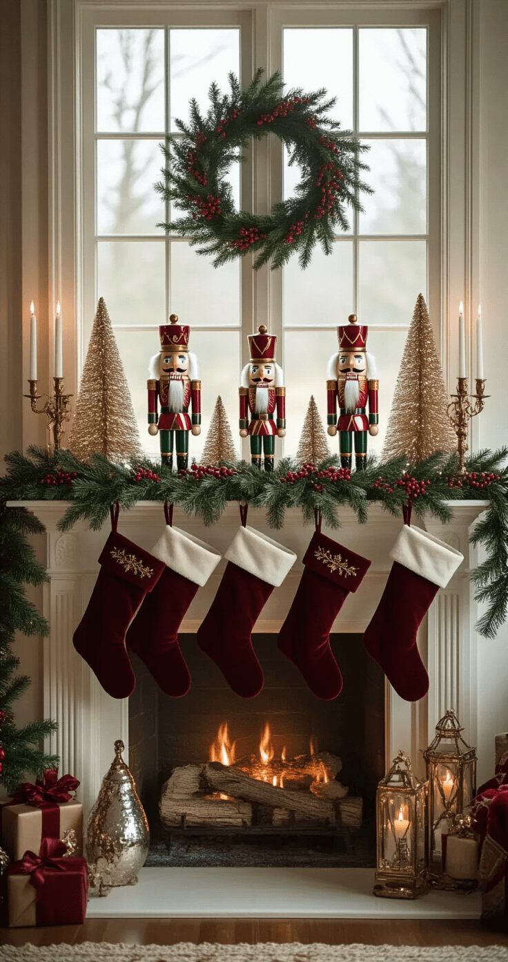 Transforming Your Fireplace into a Christmas Wonderland: The Ultimate Decor Guide A cozy Christmas morning fireplace scene illuminated by soft natural light, featuring vintage nutcrackers, mercury glass trees, ornate gold candelabras, rich burgundy velvet stockings, and deep green garland with red berries.