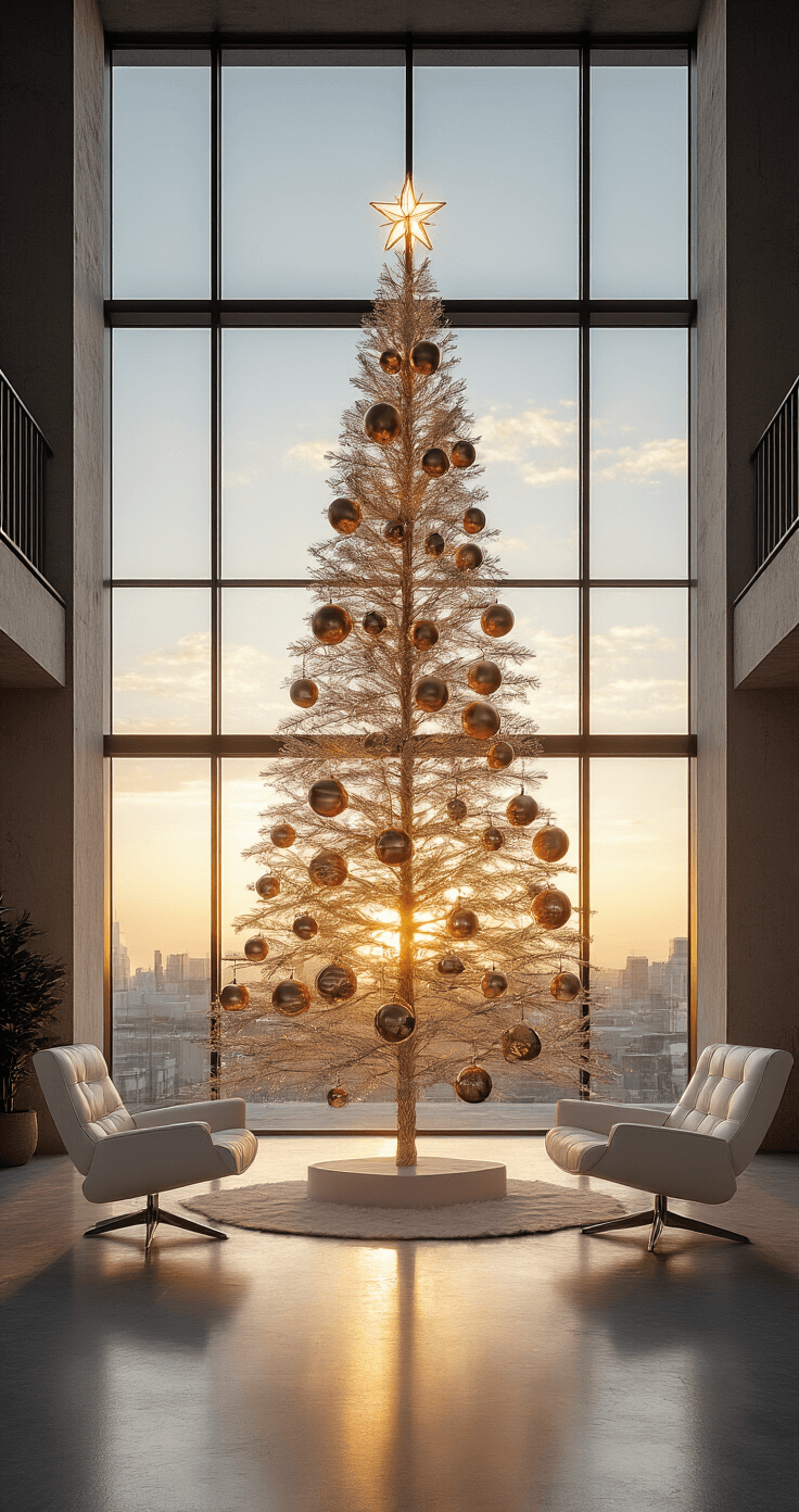 Modern Christmas Tree: A Stylish Guide to Contemporary Holiday Decor An expansive modern loft living room with exposed concrete ceilings and polished concrete floors, featuring a minimalist acrylic Christmas tree adorned with rose gold and chrome geometric ornaments, illuminated by golden hour sunlight streaming through floor-to-ceiling windows, with white leather Barcelona chairs on either side, captured from a low angle to highlight the architectural elements.