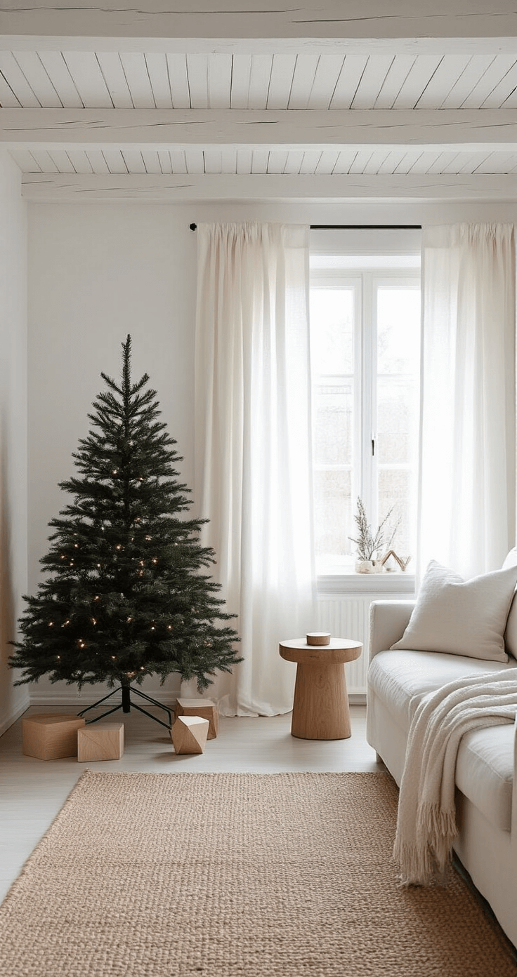 Modern Christmas Tree: A Stylish Guide to Contemporary Holiday Decor Intimate Scandinavian-style living room featuring white-washed wooden beams, a matte black metal frame Christmas tree in the corner, and sheer linen curtains allowing cool morning light. Minimal decorations, including wooden geometric shapes and tiny LED lights, complement a natural jute rug, cream boucle sofa, and raw wood side table. Shot straight-on from eye level, highlighting clean lines and negative space.