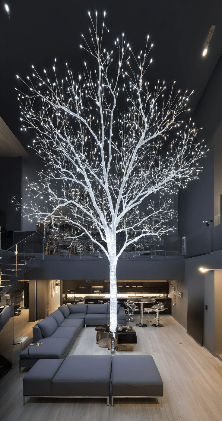 Modern Christmas Tree: A Stylish Guide to Contemporary Holiday Decor A high-angle view of a contemporary open-concept apartment featuring dark charcoal walls and dusk lighting, centered around an 8' LED smart tree showcasing a synchronized light display in cool white, complemented by chrome and glass furniture, including a slate gray sectional, and polished brass accents.