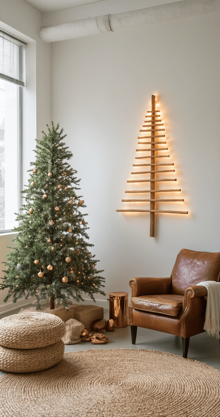 Modern Christmas Tree: A Stylish Guide to Contemporary Holiday Decor Cozy urban studio featuring a wall-mounted wooden dowel Christmas tree as a focal point, surrounded by vintage leather armchair, copper accessories, and woven textiles, illuminated by warm spotlighting.