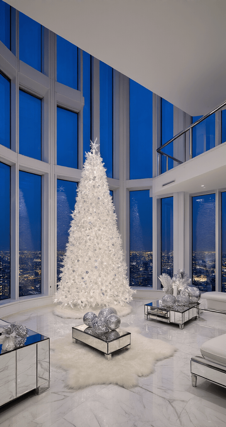 Modern Christmas Tree: A Stylish Guide to Contemporary Holiday Decor Luxurious penthouse living room with marble floors, 15' ceilings, and a dramatic 9' white flocked artificial tree before floor-to-ceiling windows, displaying city lights. Evening ambiance with custom uplighting, crystal and silver ornaments, white fur rugs, and mirrored furniture enhances the glamour. Captured with a telephoto lens from an adjacent room for a compressed perspective.