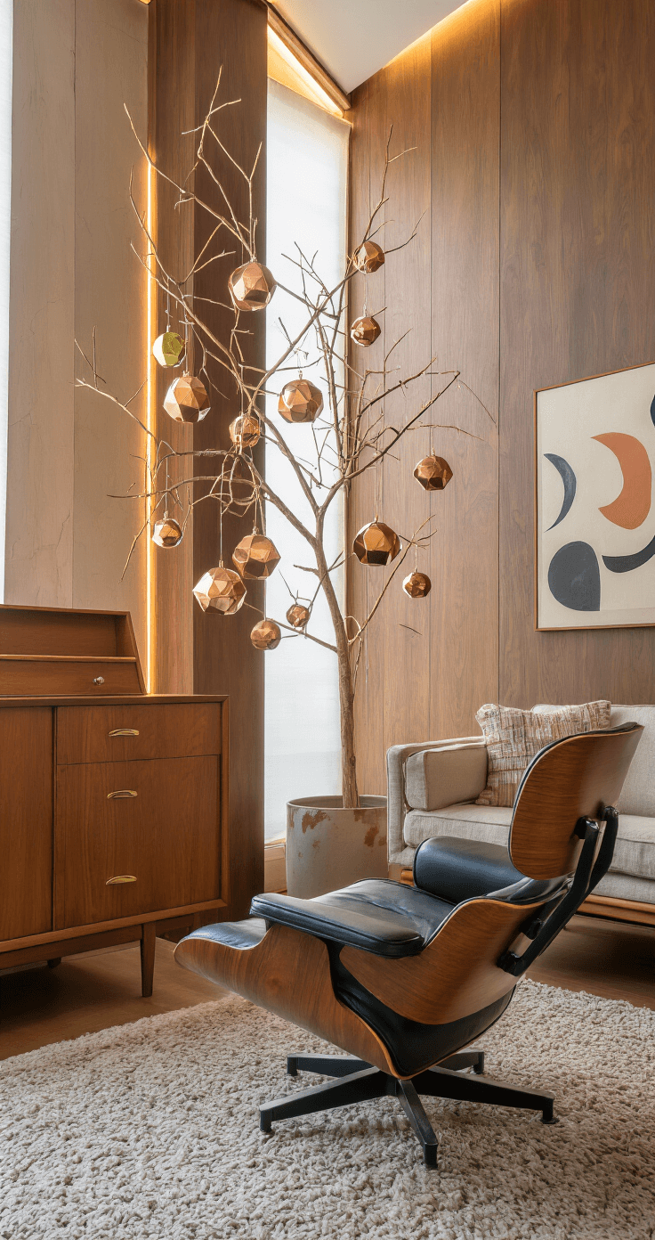 Modern Christmas Tree: A Stylish Guide to Contemporary Holiday Decor A mid-century modern living room featuring walnut paneling, a minimalist 6' ladder-style Christmas tree adorned with copper and brass geometric ornaments, warm LED lighting, a vintage Eames lounge chair, and a teak credenza with brass accents, all captured in a Dutch angle to highlight diagonal lines and late afternoon natural light.