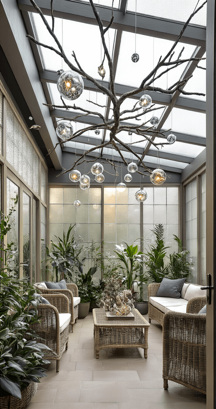 Modern Christmas Tree: A Stylish Guide to Contemporary Holiday Decor A contemporary garden room featuring a greenhouse-style glass ceiling, showcasing a suspended 7' natural branch Christmas tree adorned with hand-blown glass orbs and micro LED strings, modern wicker furniture, and potted plants, all illuminated by diffused daylight through frosted glass panels, captured from a bird's eye view.