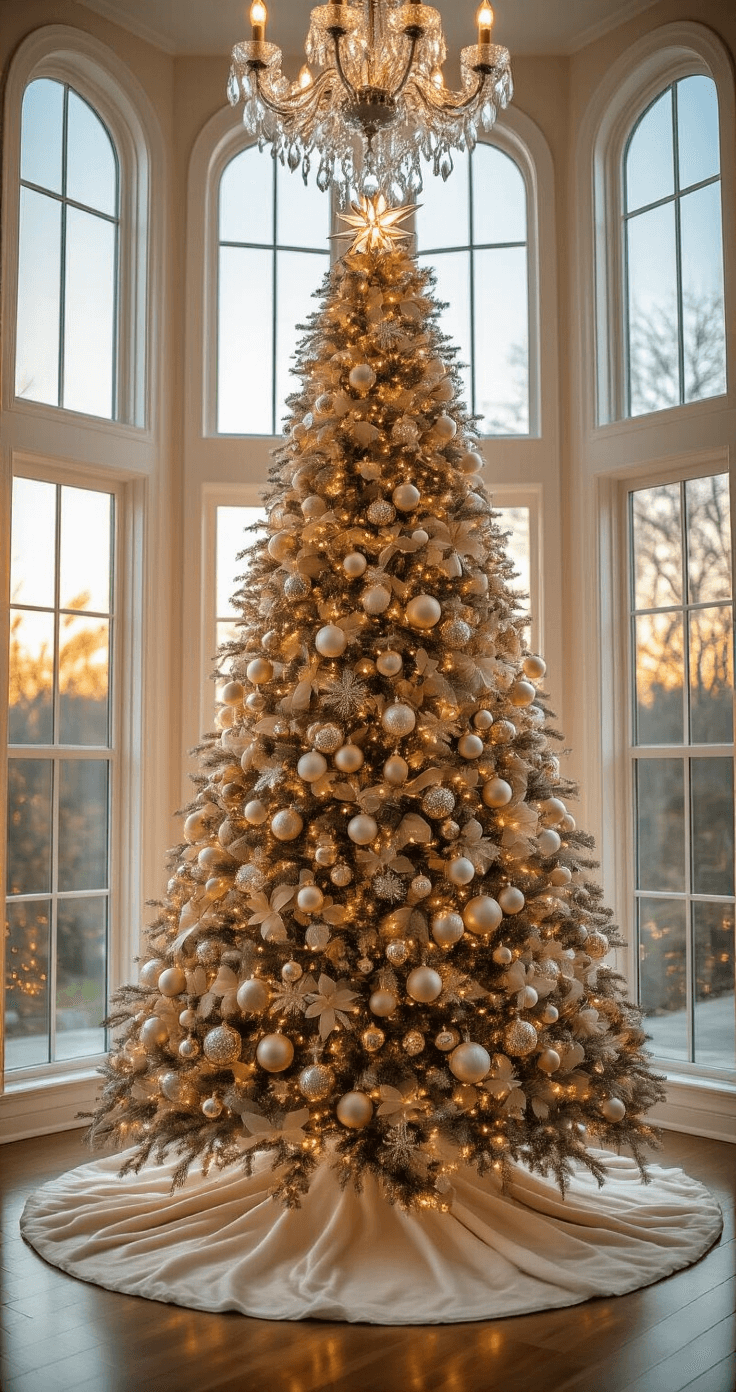 Elegant Christmas Tree Decorations: Transform Your Holiday Space into a Sophisticated Wonderland A spacious 12-foot living room at golden hour features a tall artificial Christmas tree adorned with champagne, silver, and pearl ornaments, illuminated by warm white LED lights, with a plush cream velvet skirt. Floor-to-ceiling windows allow soft natural light to flood the room, while a crystal chandelier overhead casts prismatic reflections.