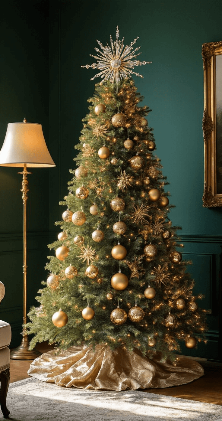 Elegant Christmas Tree Decorations: Transform Your Holiday Space into a Sophisticated Wonderland A cozy traditional living room corner in late afternoon light, featuring a 7-foot slim gold-themed Christmas tree angled at 45 degrees, adorned with vintage glass ornaments and modern metallic spheres, topped with a gold and crystal ornament. An antique brass floor lamp casts warm light against deep emerald walls, captured from a slightly elevated angle.