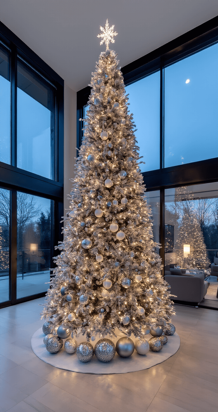 Elegant Christmas Tree Decorations: Transform Your Holiday Space into a Sophisticated Wonderland A modern open-concept living space with 20-foot ceilings at dusk, featuring a 12-foot flocked Christmas tree with oversized mercury glass ornaments and delicate snowflakes, framed by expansive windows. The navy and silver color scheme, with crystal accents and LED ribbon lights, is complemented by minimal modern gray furniture, captured from a low angle to emphasize height with cool blue hour light and warm interior glow.