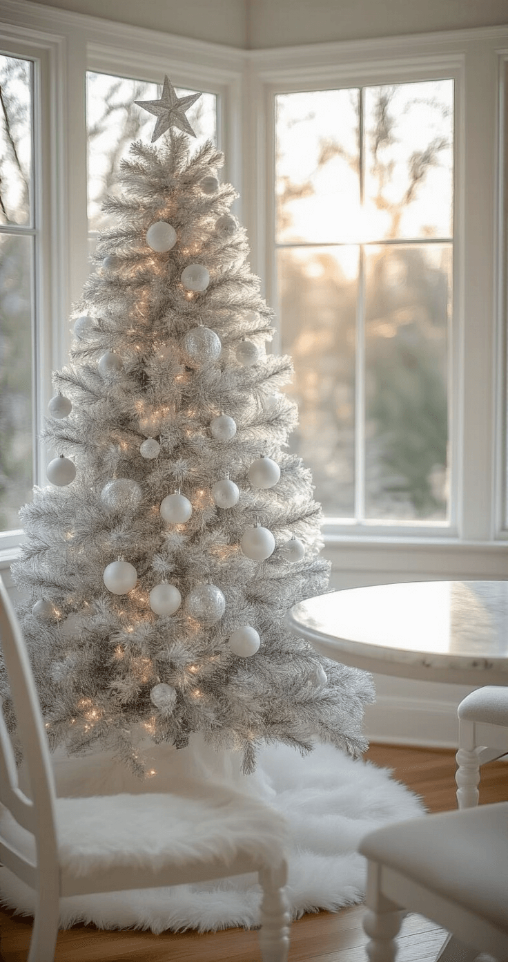 Elegant Christmas Tree Decorations: Transform Your Holiday Space into a Sophisticated Wonderland Close-up of a cozy breakfast nook featuring a 6-foot white-themed pencil tree adorned with frosted glass ornaments and crystal icicles, complemented by a white faux fur tree collar. Natural light streams through bay windows, illuminating vintage white chairs around a round marble table, with a soft background blur.