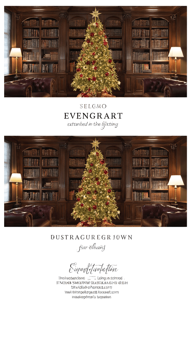 Elegant Christmas Tree Decorations: Transform Your Holiday Space into a Sophisticated Wonderland Classic library with an 8-foot tree between built-in bookcases, decorated in burgundy and gold. Vintage and modern ornaments adorn the tree, with amber uplighting casting dramatic shadows. Rich leather furnishings and dark wood accents enhance the elegant ambiance.