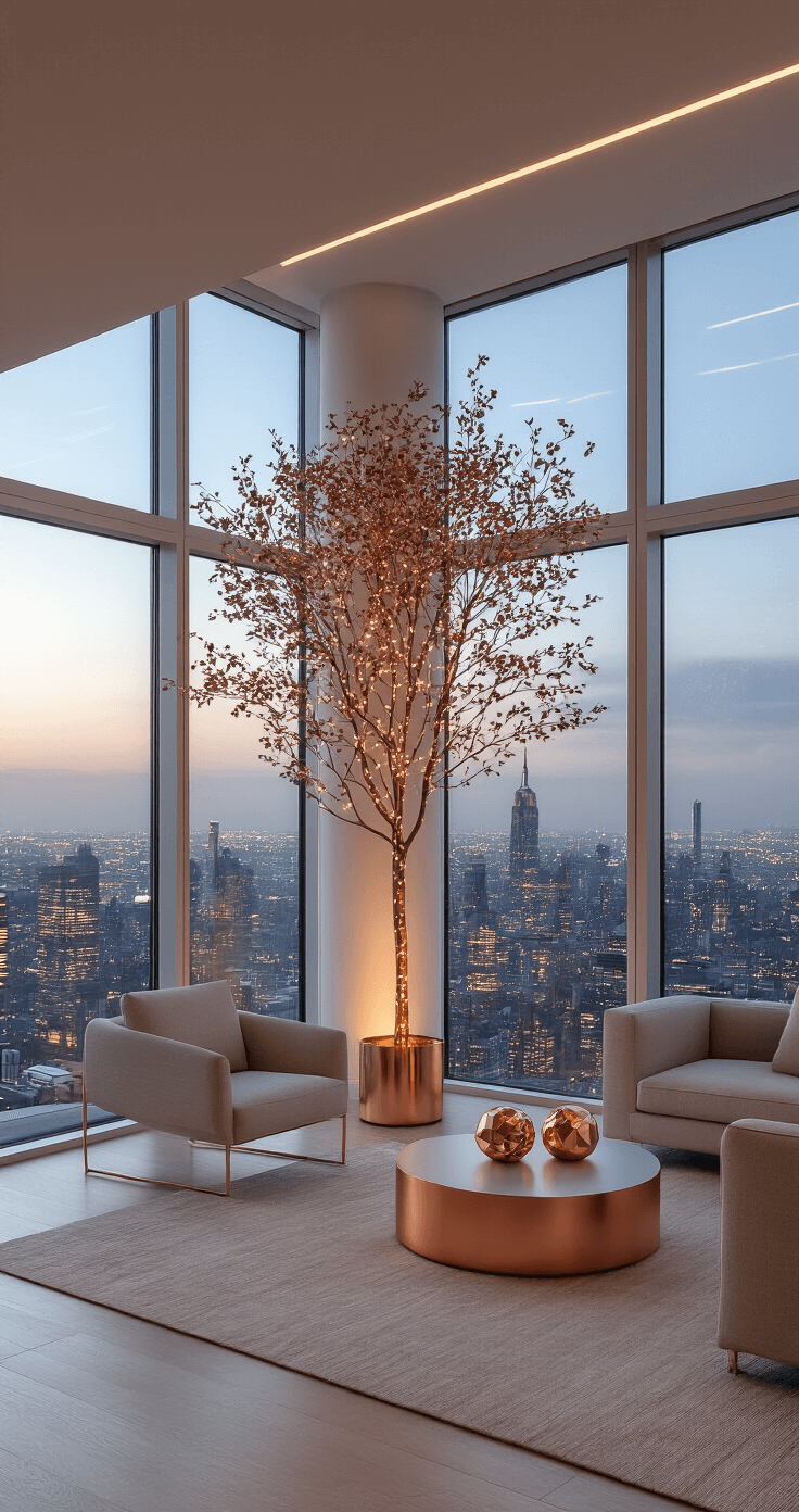 Elegant Christmas Tree Decorations: Transform Your Holiday Space into a Sophisticated Wonderland A contemporary penthouse at twilight featuring a slim tree against floor-to-ceiling windows with city lights, adorned in a rose gold and copper theme, geometric ornaments, and minimalist neutral-toned furniture, showcasing a dramatic atmosphere enhanced by mixed lighting.