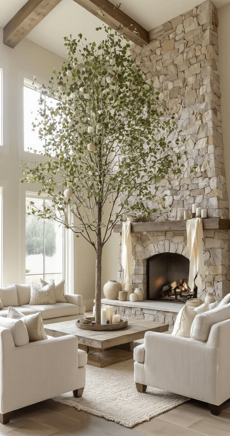 Elegant Christmas Tree Decorations: Transform Your Holiday Space into a Sophisticated Wonderland A rustic-modern great room bathed in late morning light, featuring a 9-foot tree in front of a stone fireplace, adorned in champagne and cream hues with natural elements, mixed metallic and wooden ornaments, and a thick ivory ribbon. Textured neutral furnishings surround the space, captured from the entrance archway, with gentle highlights from clerestory windows.