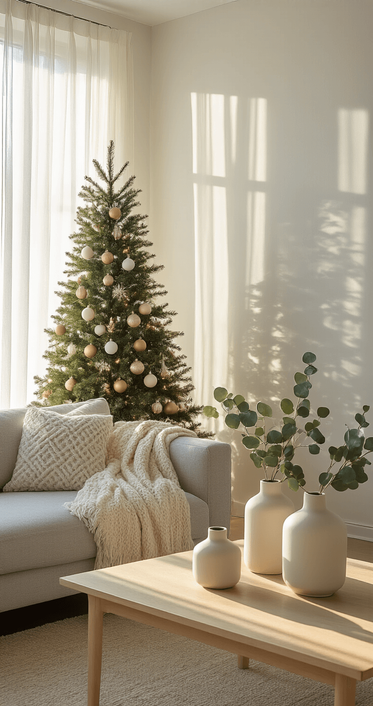 A cozy 20x15ft living room at golden hour featuring a 7ft slim pre-lit Christmas tree in a window nook, adorned with champagne and white baubles. Sunlight filters through sheer curtains, creating shadows. A cream wool throw drapes over a gray linen sofa, while hand-thrown ceramic vases with eucalyptus sit on a blonde wood coffee table.
