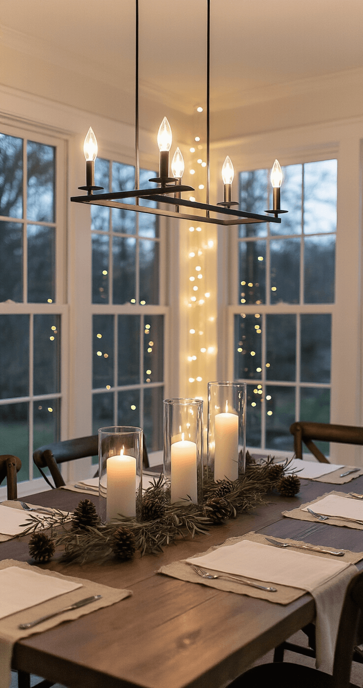Intimate dining space at dusk featuring a farmhouse table with glass vases and candles, accented by fairy lights and natural linen placemats.