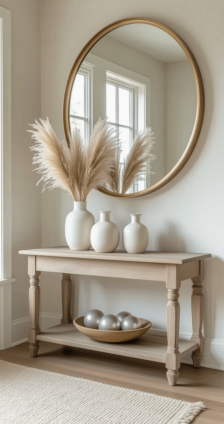 A cozy entryway featuring a vintage oak console table with three white ceramic vases of dried pampas grass, a round brass mirror reflecting natural light, and simple glass ornaments in a shallow wooden bowl, all captured from an elevated angle to highlight a geometric patterned wool runner.