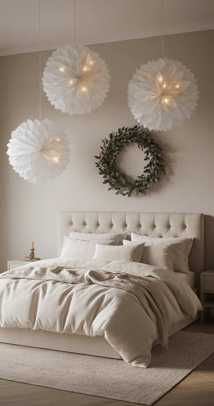 A tranquil master bedroom at twilight, featuring a king-sized bed with ivory and oatmeal linens, suspended oversized paper snowflakes casting shadows from warm LED lights, and a minimalist wreath of eucalyptus and olive branches above the upholstered headboard, captured from a corner perspective with soft focus effects.