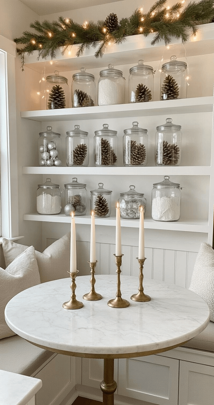 A cozy kitchen nook featuring open white shelving showcasing glass canisters with pinecones and silver ornaments, illuminated by mid-morning light. Fairy lights and natural garland adorn the shelves, while a round marble bistro table holds three hand-dipped white taper candles in brass holders, all captured at counter height with soft backlighting.