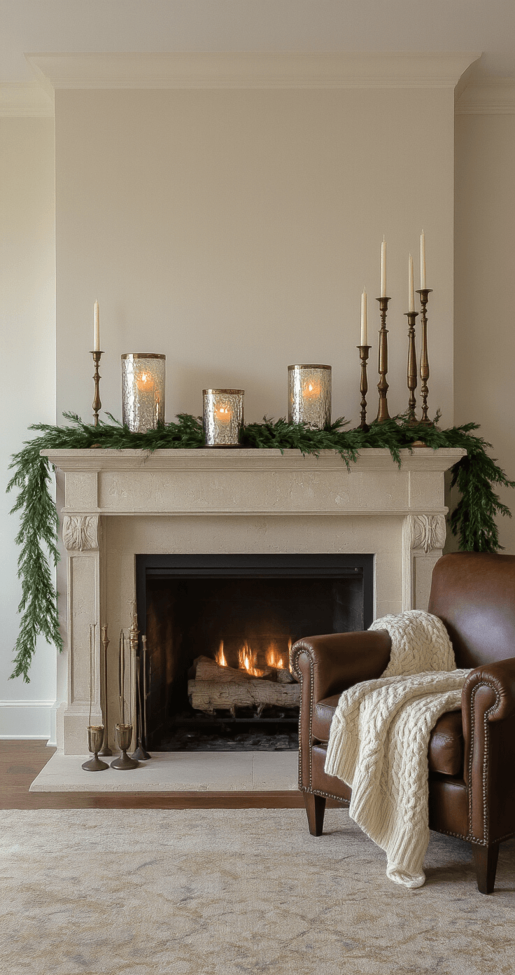 A sophisticated study at dusk featuring a limestone fireplace with mercury glass hurricanes and flameless candles, asymmetrical greenery garland, vintage brass candlesticks, and a leather armchair draped with a cream cable-knit throw, all illuminated by warm ambient lighting.