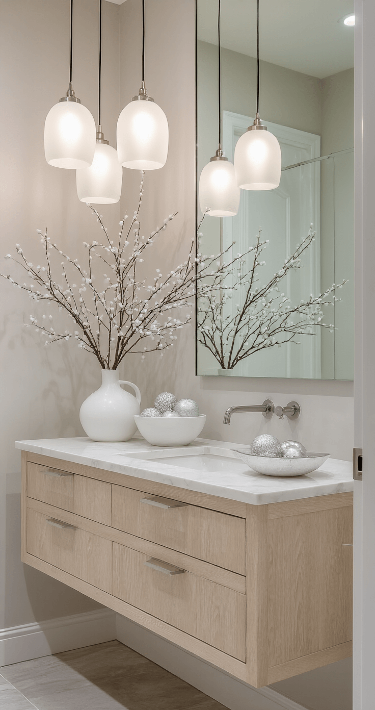An elegant powder room with a floating bleached oak vanity, three cascading frosted glass pendant lights, a floor-to-ceiling mirror, and white ceramic vessels with winter branches, accented by silver and glass ornaments in a shallow marble bowl.