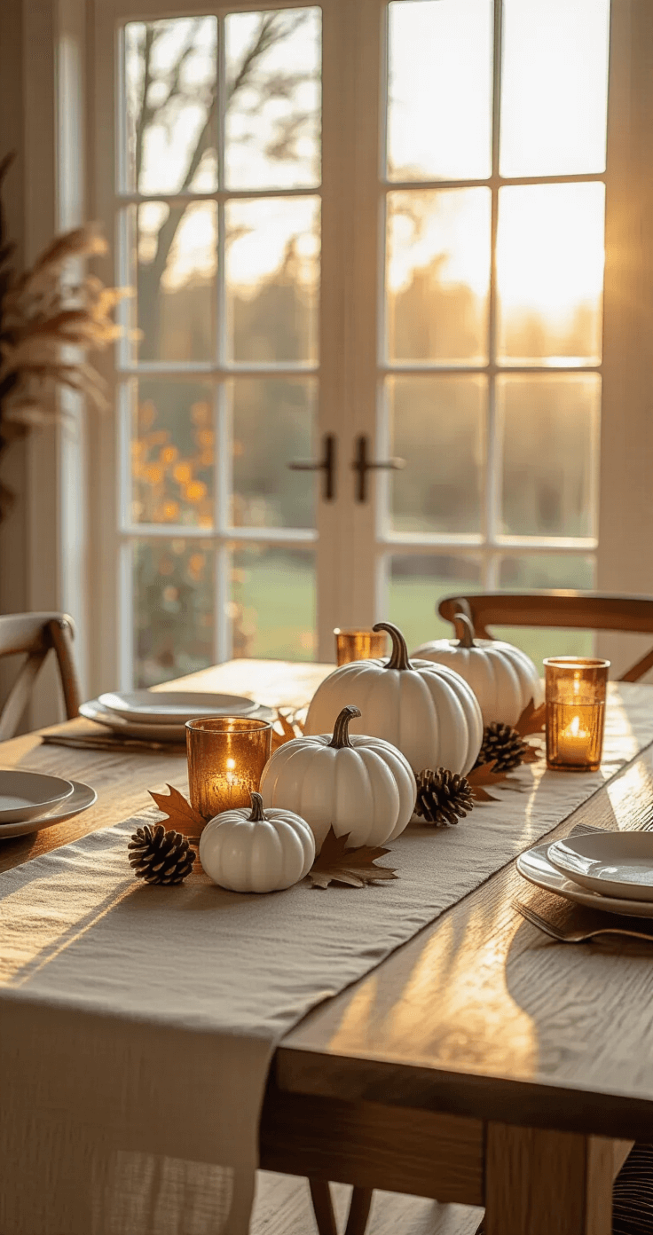 Cozy Fall Table Decor: Transform Your Dining Space in 30 Minutes A warm, intimate dining room featuring a solid oak table with a beige linen runner, adorned with ceramic white and copper pumpkins, dried oak leaves, and pine cones. Amber glass votives provide soft lighting, all bathed in golden afternoon light from tall windows. The image captures depth and bokeh with a focus on organic textures in cream, copper, and burnt orange tones.
