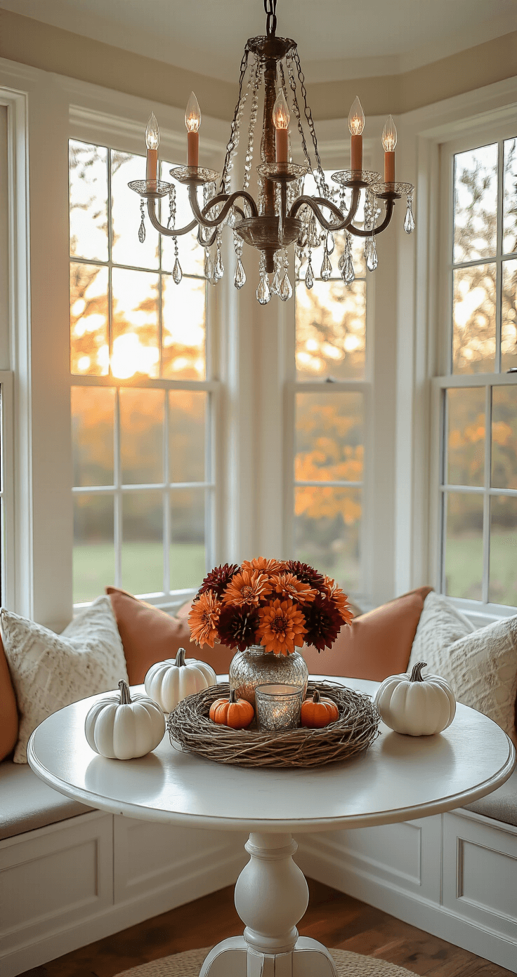Cozy Fall Table Decor: Transform Your Dining Space in 30 Minutes Cozy breakfast nook at golden hour with a round pedestal table under a vintage chandelier, styled with white ceramic pumpkins, mercury glass votives, and a grapevine wreath centerpiece featuring mini orange pumpkins and burgundy dahlias, captured from a 45-degree angle in soft backlight highlighting rich textures.