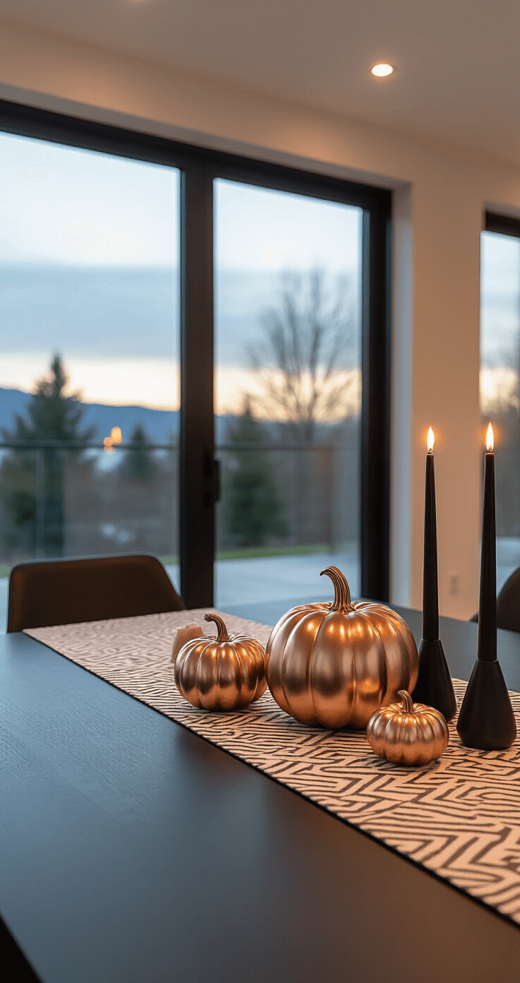 Cozy Fall Table Decor: Transform Your Dining Space in 30 Minutes Contemporary open-plan dining area at dusk featuring a minimalist black dining table with an earth-toned geometric table runner, metallic pumpkins, black taper candles, and floor-to-ceiling windows, captured in warm ambient light with shallow depth of field.