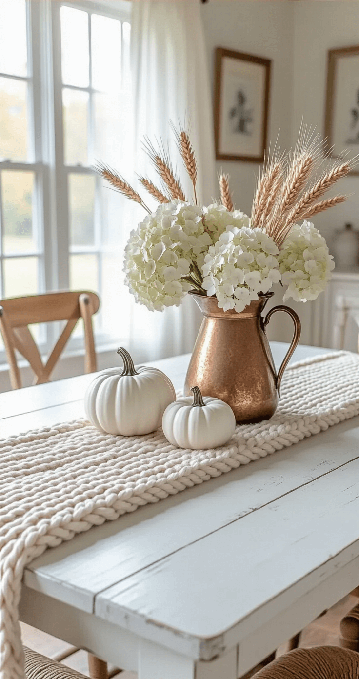 Cozy Fall Table Decor: Transform Your Dining Space in 30 Minutes Intimate cottage dining room featuring a whitewashed farmhouse table with an oatmeal knit runner, adorned with white ceramic pumpkins, dried hydrangeas, and wheat in a vintage copper pitcher, illuminated by soft diffused morning light through lace curtains.