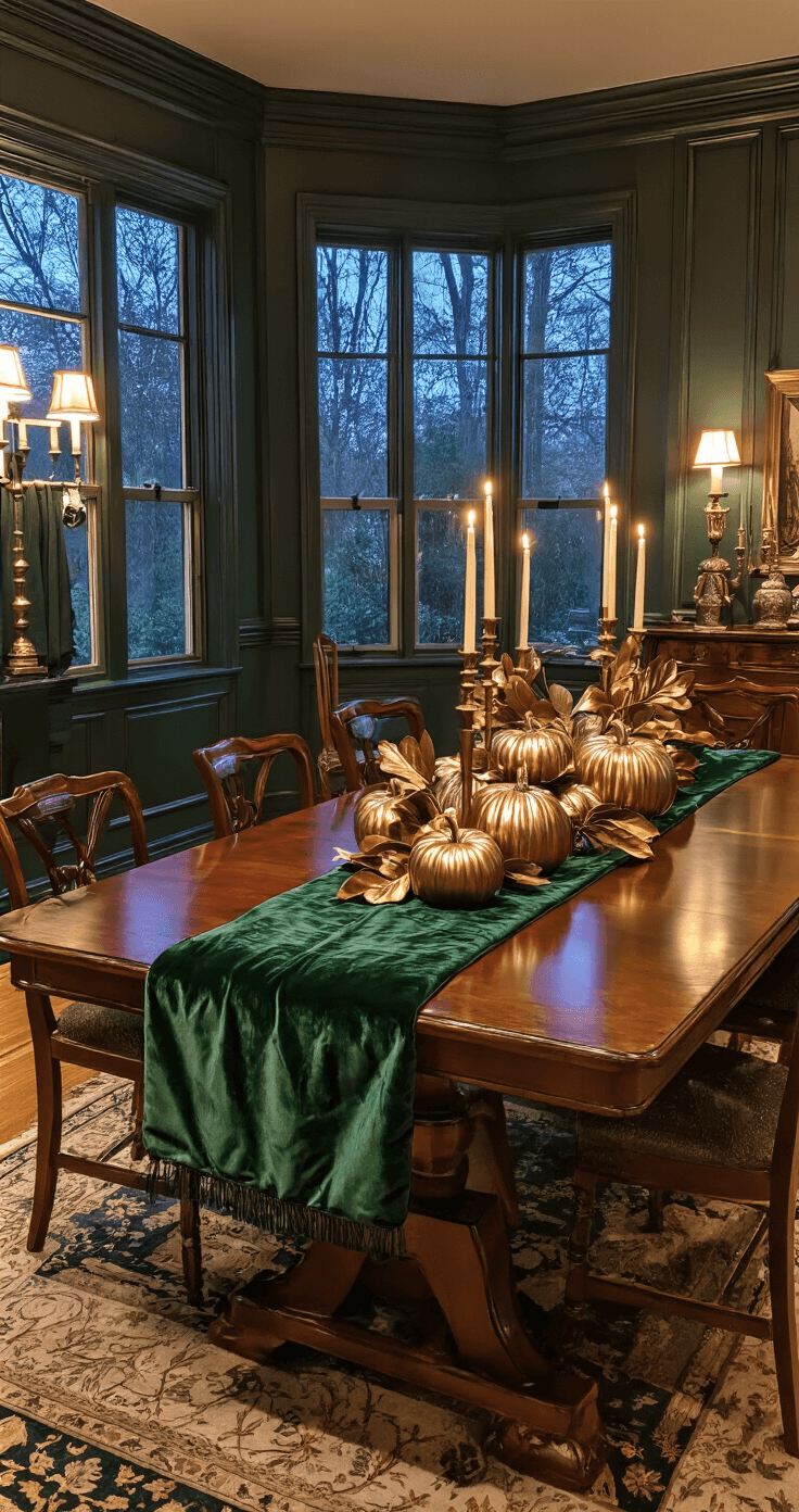 Cozy Fall Table Decor: Transform Your Dining Space in 30 Minutes A grand dining room at twilight featuring wainscoting, a mahogany dining table with a deep forest green velvet runner, and a dramatic centerpiece of metallic pumpkins and bronze candlesticks surrounded by magnolia leaves, all highlighted by moody lighting and rich textures in emerald, bronze, and deep browns.