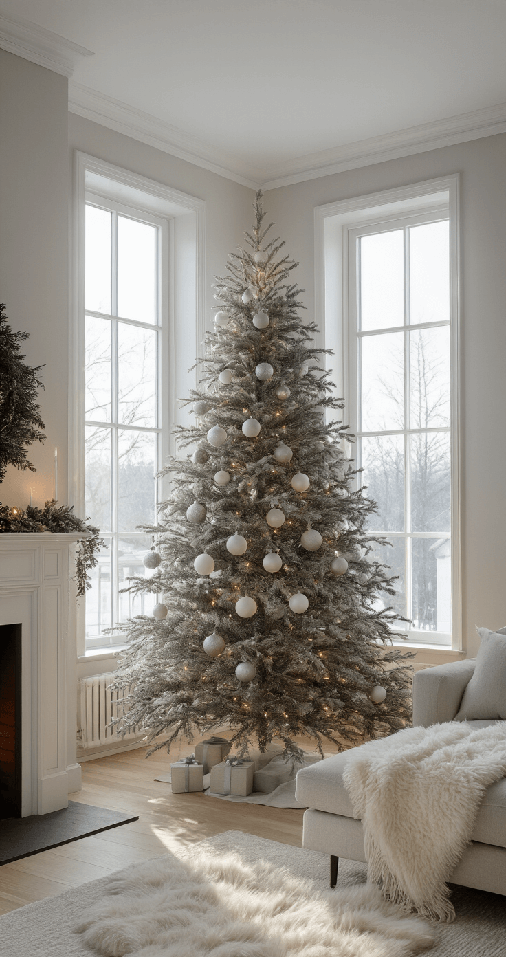 Minimalist Christmas Tree: A Modern Approach to Holiday Decor A modern Scandinavian living room featuring a sparse white artificial Christmas tree adorned with matte white and silver baubles, positioned between a large window and a fireplace. Late afternoon winter light casts long shadows across the grey wool floor and light grey walls. The cream linen sofa and white sheepskin throw add warmth to the cool ambiance, all captured from eye level at 35mm.