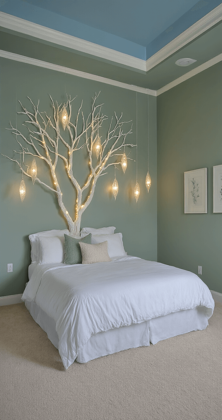 Minimalist Christmas Tree: A Modern Approach to Holiday Decor A serene master bedroom featuring sage green walls and a tray ceiling, illuminated by twilight blue hour lighting. The 14x16ft space includes a wall-mounted twig tree installation made of white-painted branches, with hidden LED strips and handblown glass icicle ornaments. The king bed, adorned with white linens, rests on a cream carpet, all captured from the doorway angle amidst moody atmospheric lighting.