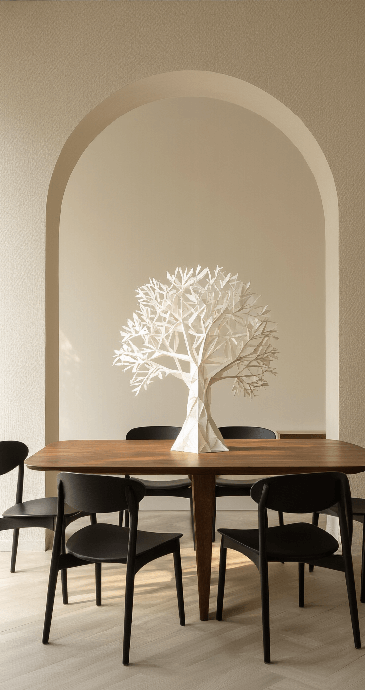 Minimalist Christmas Tree: A Modern Approach to Holiday Decor A minimalist dining room measuring 16x14ft features an architectural archway and a walnut dining table surrounded by black chairs. The space is illuminated by warm natural light during the golden hour, casting soft shadows. A 4ft geometric paper sculpture tree, crafted from white textured paper, stands on a console table against cream textured wallpaper. The low camera angle emphasizes the room's height.
