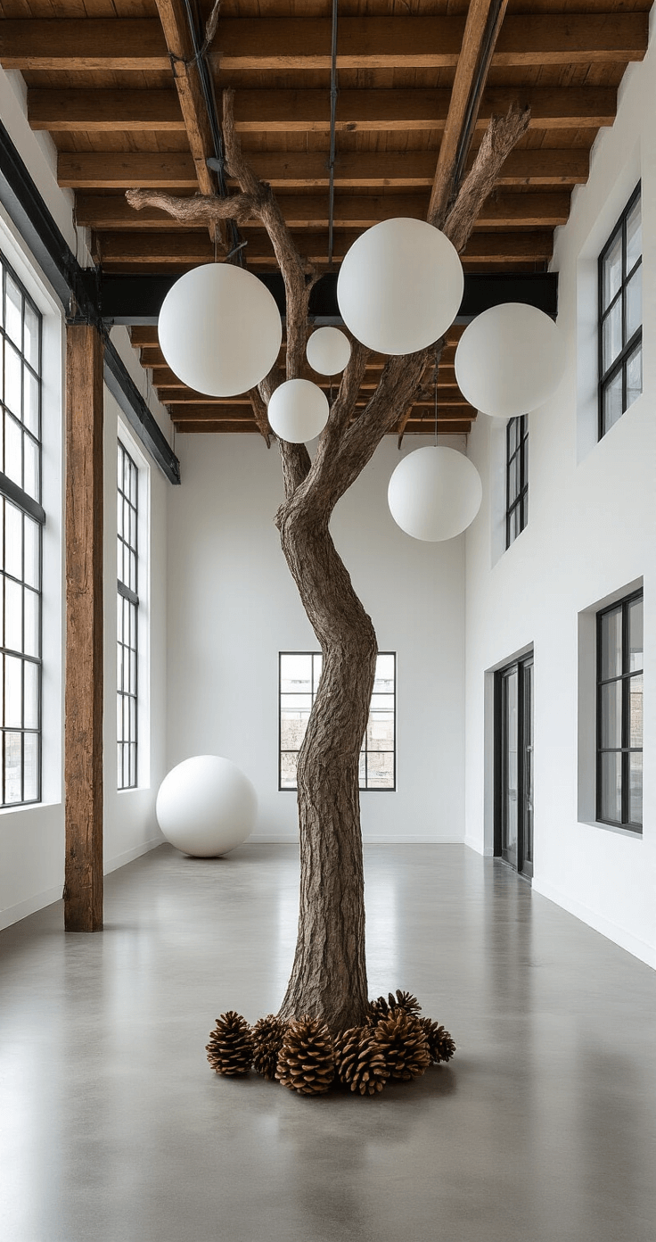 Minimalist Christmas Tree: A Modern Approach to Holiday Decor A contemporary loft space featuring polished concrete floors and white walls, with exposed beams and large black steel windows. In the center, an 8-foot sparse traditional pine tree, decorated with oversized matte white spheres and natural pinecones, stands against the bright diffused midday light. The composition emphasizes negative space from an elevated wide-angle perspective.