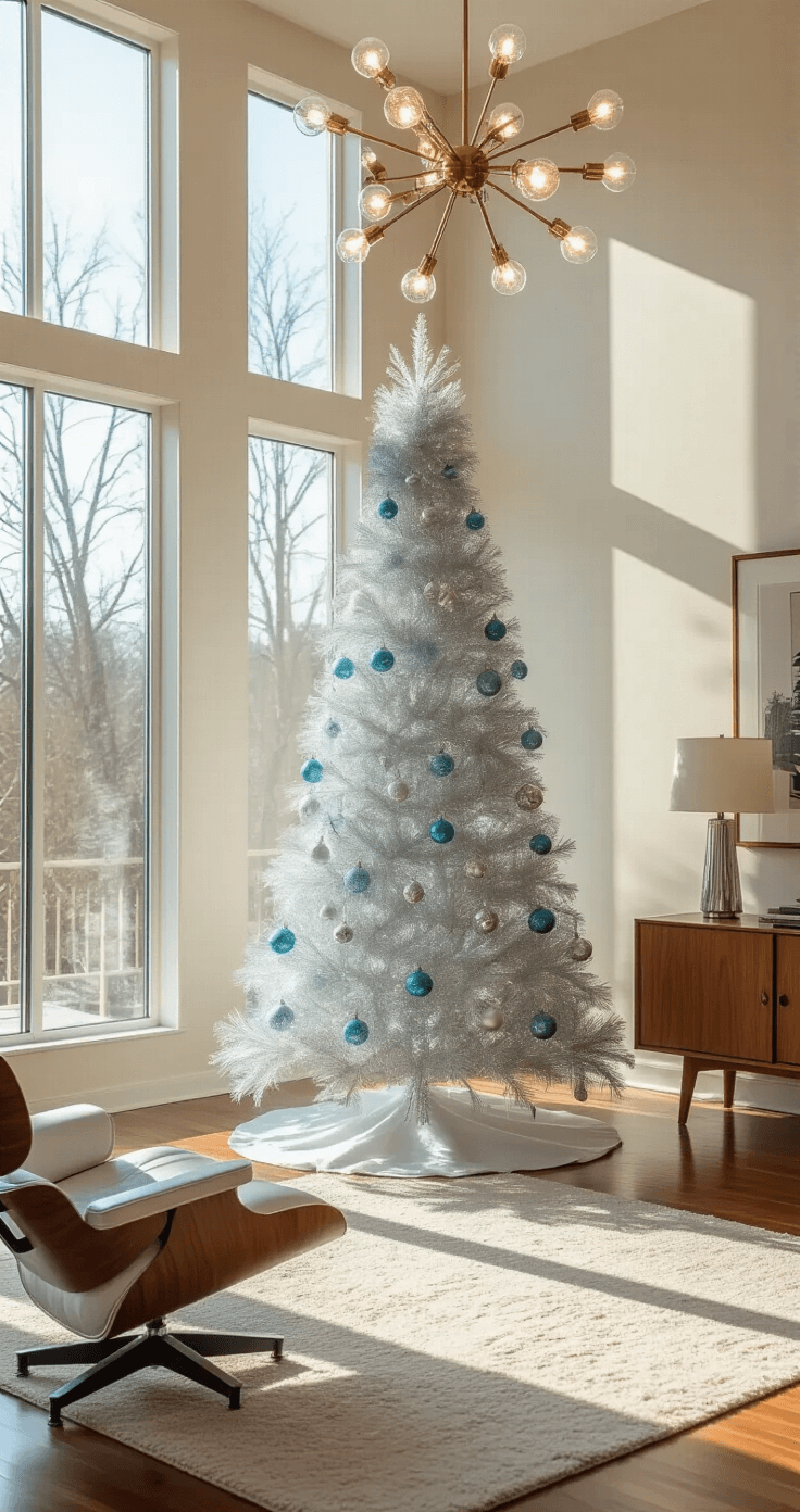 Sparkling Nostalgia: How to Create the Ultimate Retro Tinsel Christmas Tree A mid-century modern living room featuring a towering silver aluminum tinsel tree in a corner, illuminated by late afternoon light streaming through floor-to-ceiling windows. The scene includes a vintage Sputnik chandelier and period-correct glass ornaments in ice blue and silver, with an Eames lounge chair and teak credenza, all captured from a low angle to highlight the tree's grandeur and the 1960s glamour atmosphere.