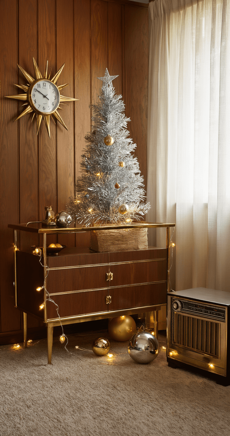 Sparkling Nostalgia: How to Create the Ultimate Retro Tinsel Christmas Tree An intimate 1950s-style den with wood paneling, showcasing a 4-foot tabletop tinsel tree on a brass-detailed console, filtered morning light through sheer curtains, vintage bubble lights casting warm highlights, and gold and silver ornaments reflecting light, complemented by a starburst clock and retro radio, creating a nostalgic holiday atmosphere.