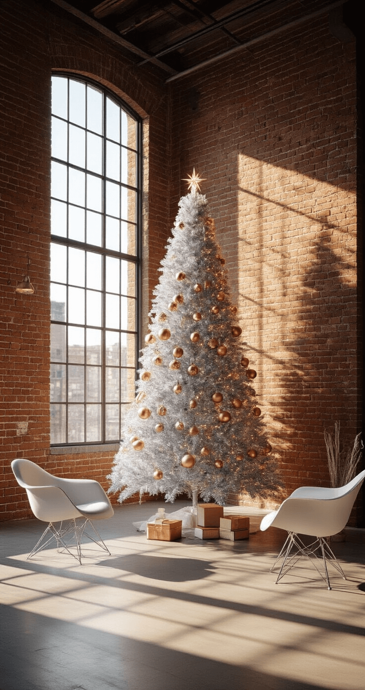 Sparkling Nostalgia: How to Create the Ultimate Retro Tinsel Christmas Tree A contemporary open-concept space featuring a 6-foot silver tinsel Christmas tree against an exposed brick wall, with golden hour lighting and modern decorative elements.