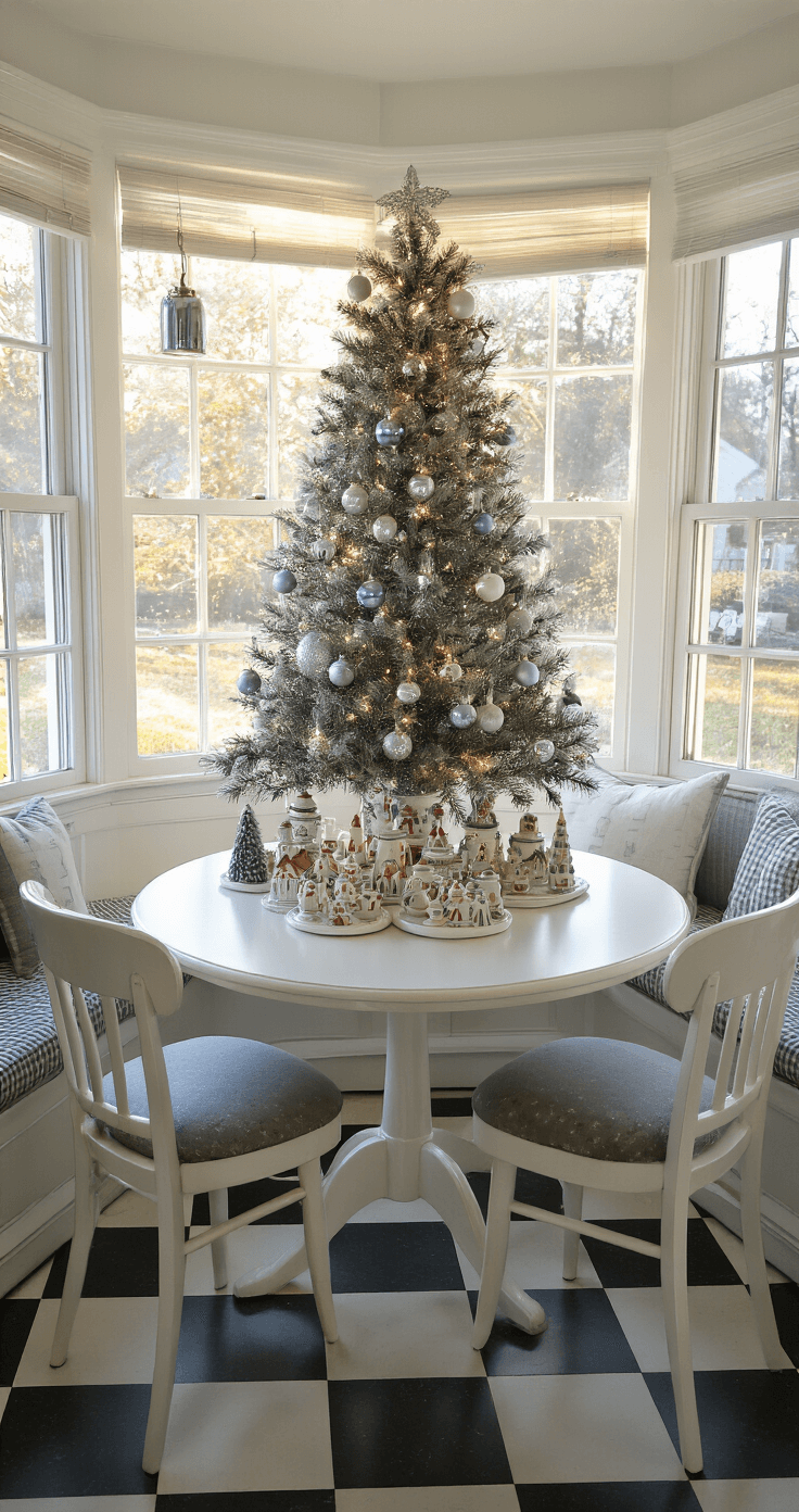 Sparkling Nostalgia: How to Create the Ultimate Retro Tinsel Christmas Tree Cozy breakfast nook with bay window featuring a 5-foot tinsel tree on a round tulip table surrounded by a vintage Christmas village, illuminated by early morning light creating a magical sparkle. Decorated in white and silver with touches of pale blue, and retro diner chairs on a checkered floor, captured in close-up with bokeh effect.