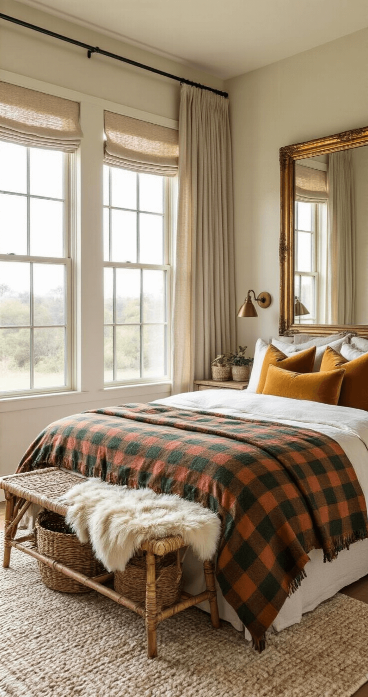 Creating a Cozy Fall Bedroom Retreat: Your Ultimate Styling Guide Wide-angle view of a cozy bedroom featuring a centrally placed bed with plaid wool blankets and cream duvet, large linen-draped windows, a rattan bench with sheepskin, and antique brass mirror reflecting warm afternoon light.