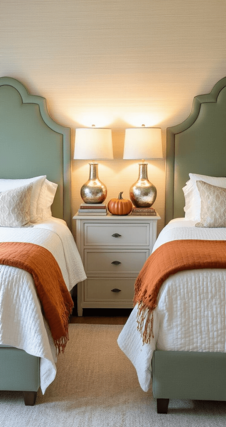 Creating a Cozy Fall Bedroom Retreat: Your Ultimate Styling Guide Intimate guest bedroom featuring twin beds with sage green upholstered headboards, ivory quilted coverlets, and burnt orange throw blankets, illuminated by warm light from mercury glass lamps. A nightstand with vintage books and ceramic pumpkins complements the textured grasscloth wallpaper, all captured in a dreamy bokeh effect at sunset.