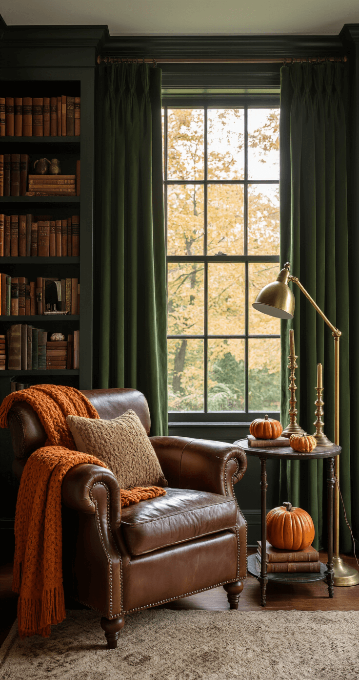 Creating a Cozy Fall Bedroom Retreat: Your Ultimate Styling Guide Cozy bedroom reading nook at dawn featuring a leather armchair with a spiced pumpkin knitted throw, surrounded by floor-to-ceiling bookshelves, illuminated by a brass floor lamp. A side table styled with vintage brass candlesticks, small ceramic pumpkins, and leather-bound books complements deep green velvet curtains framing the scene.