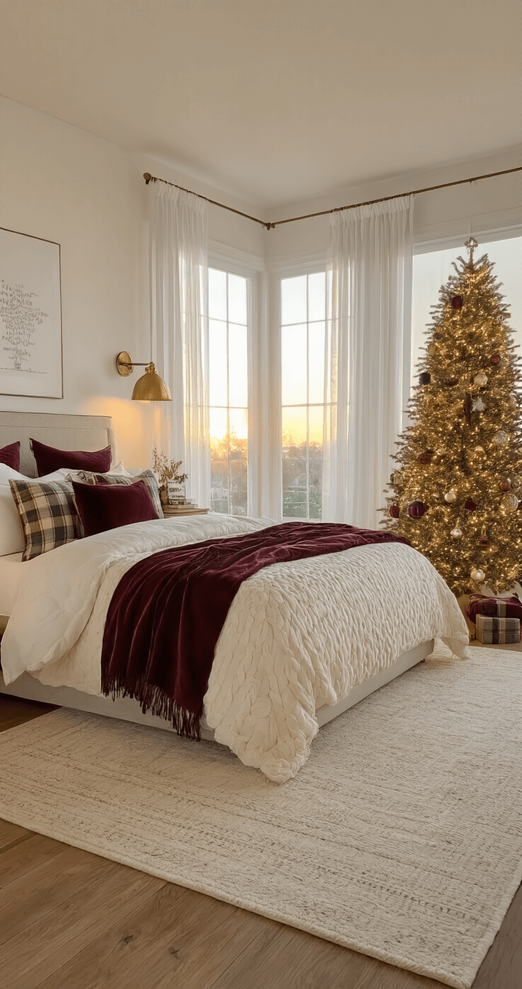 A spacious master bedroom with a king-size bed layered in cozy textiles, a flocked Christmas tree adorned with warm lights, and vintage brass lamps, illuminated by golden hour sunlight filtering through sheer curtains.