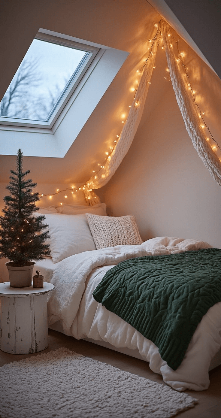 A cozy bedroom nook at dusk featuring a twin bed with ivory flannel sheets and forest green quilting, warm copper fairy lights overhead, and a small Norfolk pine on a white side table, with cool twilight blues visible through the dormer window.