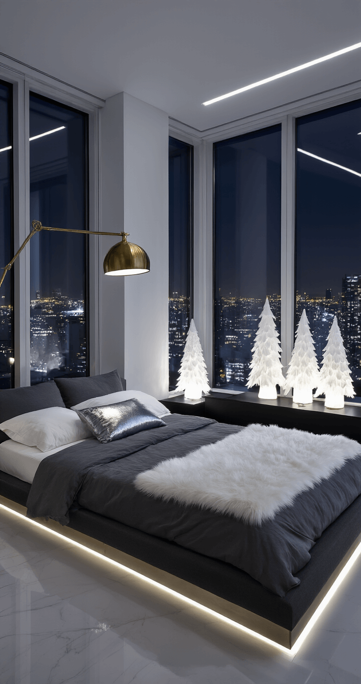 A contemporary 12x14ft bedroom at night featuring a minimalist platform bed with charcoal linen, white faux fur accents, and metallic silver cushions, illuminated by a modern brass floor lamp. White ceramic trees on a black console emit soft light, while floor-to-ceiling windows display city lights. The elevated angle highlights geometric lines and reflective surfaces, with cool white LED strips providing ambient lighting.