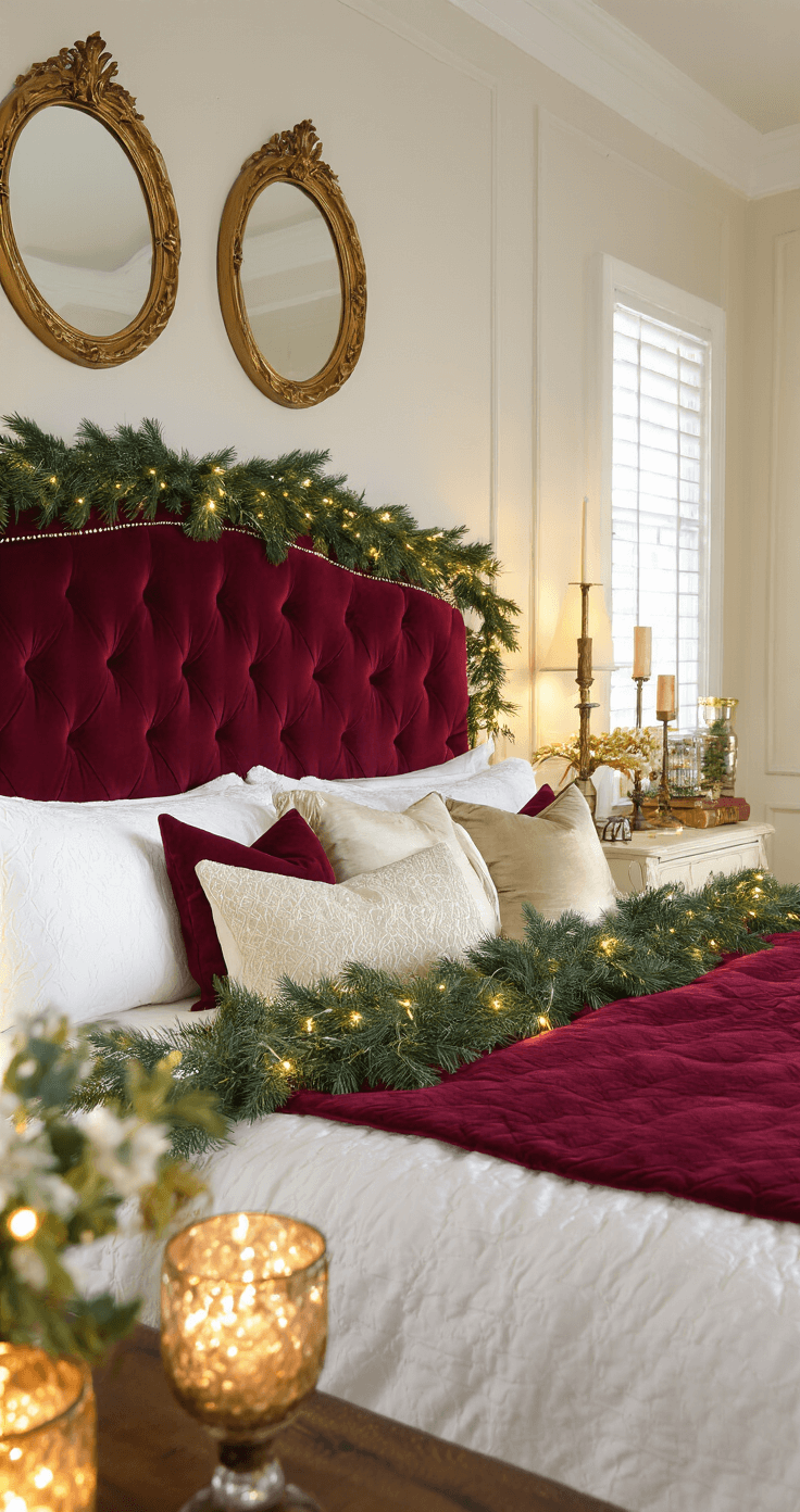 Low-angle view of a traditional bedroom showcasing a grand burgundy velvet headboard decorated with a fresh pine garland and warm white micro lights, surrounded by luxurious white bedding and plush accent pillows, with antique gold mirrors reflecting candlelight from glass hurricanes, captured during golden hour.