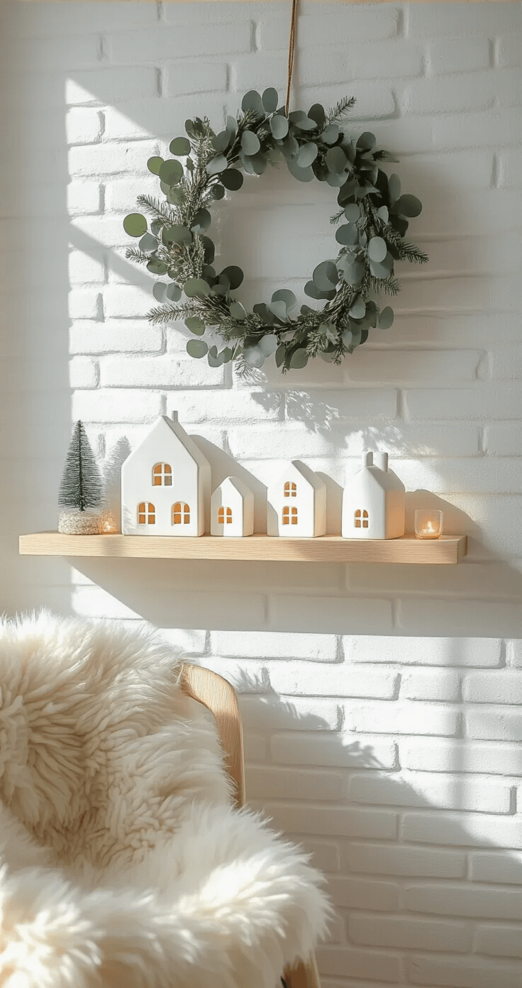 Eye-level detail shot of a Scandinavian-style bedroom corner featuring a white-painted brick wall with a minimal eucalyptus and pine wreath, a light wood floating shelf displaying white ceramic houses and LED tea lights, a sheepskin throw draped over a ghost chair, and natural morning light casting soft shadows and highlighting frost on window panes.