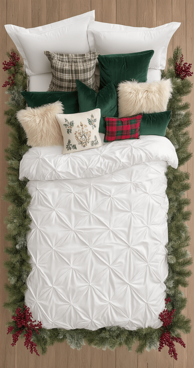 Overhead view of a festively styled queen bed with a white pintuck duvet and forest green velvet quilt, topped with eight assorted cushions featuring plaids, faux fur, and metallic embroidery; fresh pine branches and burgundy berries are arranged at the corners, illuminated by a ring light for detail.